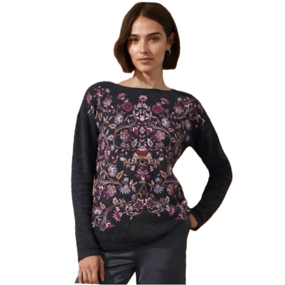 J. Jill Women's Sweater - Black and Purple Floral
